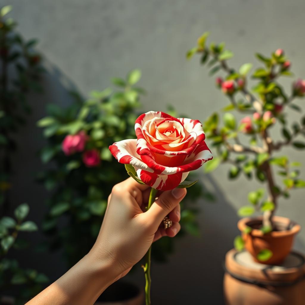 A close-up of a hand holding a vibrant red and white striped rose in sharp focus, showcasing the striking pattern of the petals with alternating colors