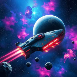 A breathtaking space exploration scene, filled with vibrant colors and dynamic elements, highlighting a futuristic spacecraft gliding gracefully through the cosmos