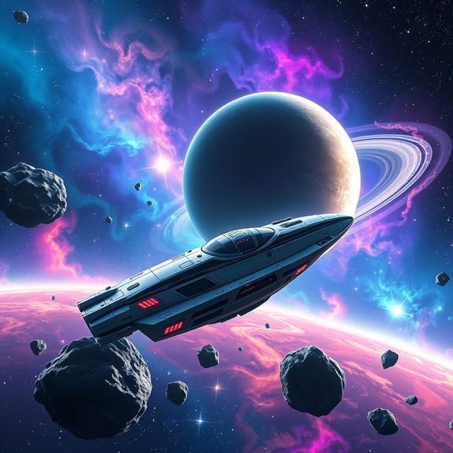 A breathtaking space exploration scene, filled with vibrant colors and dynamic elements, highlighting a futuristic spacecraft gliding gracefully through the cosmos