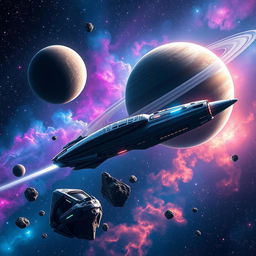 A breathtaking space exploration scene, filled with vibrant colors and dynamic elements, highlighting a futuristic spacecraft gliding gracefully through the cosmos