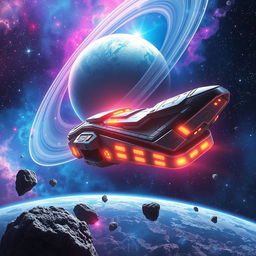 A breathtaking space exploration scene, filled with vibrant colors and dynamic elements, highlighting a futuristic spacecraft gliding gracefully through the cosmos