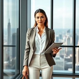 A stylish, sophisticated woman in a sleek business attire, featuring a tailored blazer, a crisp white blouse, and fitted trousers