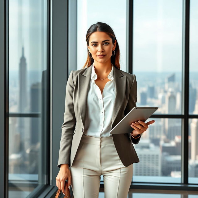 A stylish, sophisticated woman in a sleek business attire, featuring a tailored blazer, a crisp white blouse, and fitted trousers