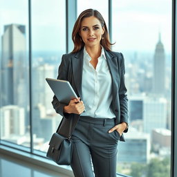 A stylish, sophisticated woman in a sleek business attire, featuring a tailored blazer, a crisp white blouse, and fitted trousers