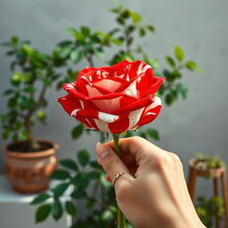 A close-up of a hand holding a vibrant red and white striped rose in sharp focus, with the petals showcasing a striking pattern of alternating colors