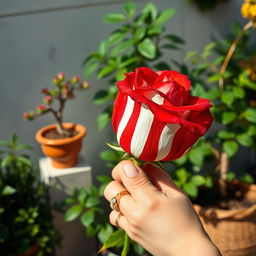 A close-up of a hand holding a vibrant red and white striped rose in sharp focus, with the petals showcasing a striking pattern of alternating colors