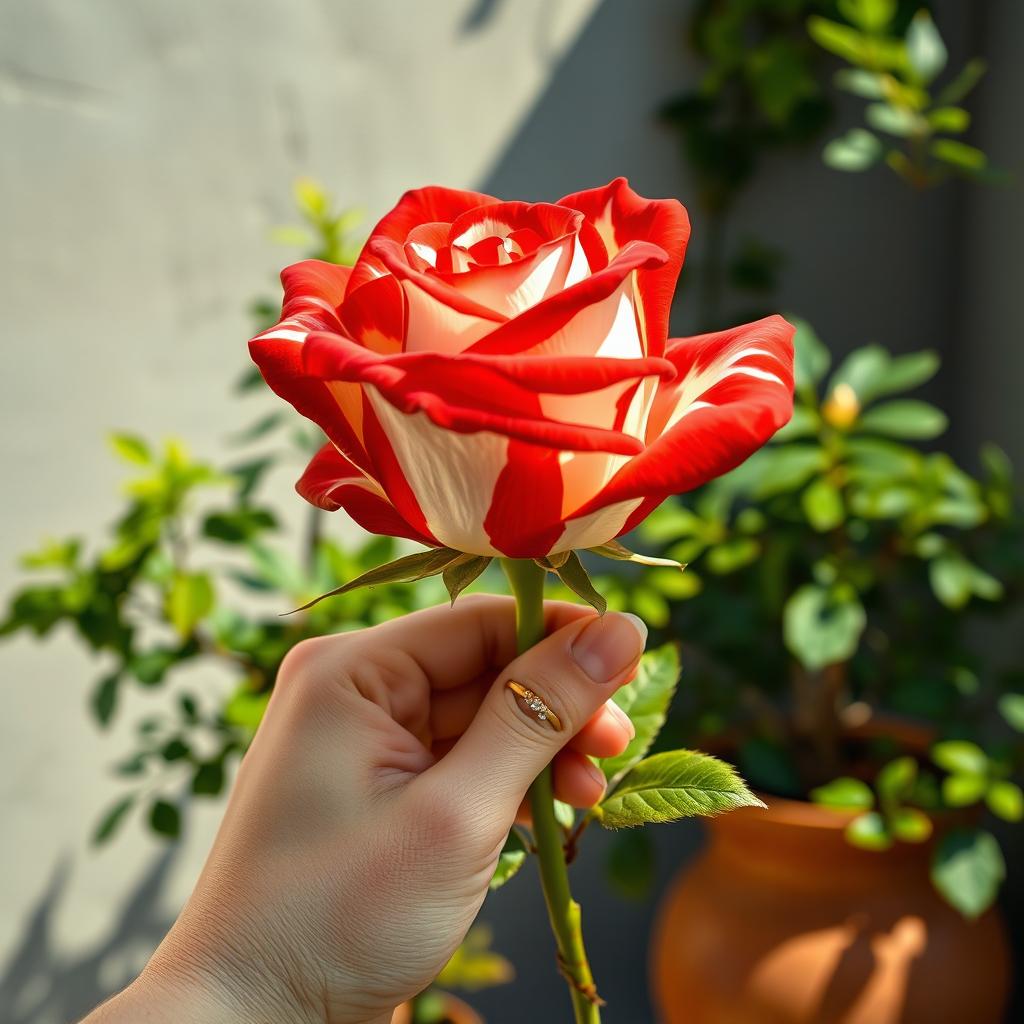 A close-up of a hand holding a vibrant red and white striped rose in sharp focus, with the petals showcasing a striking pattern of alternating colors