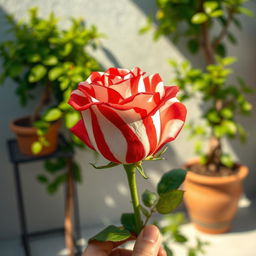 A close-up of a hand holding a vibrant red and white striped rose in sharp focus, with the petals showcasing a striking pattern of alternating colors