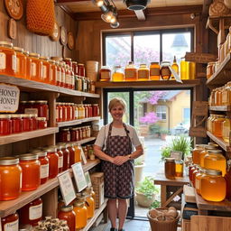 A charming honey shop filled with various jars of honey in different shapes and sizes, beautifully arranged on rustic wooden shelves