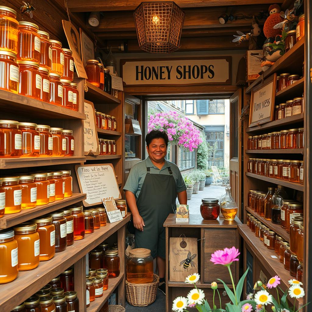 A charming honey shop filled with various jars of honey in different shapes and sizes, beautifully arranged on rustic wooden shelves