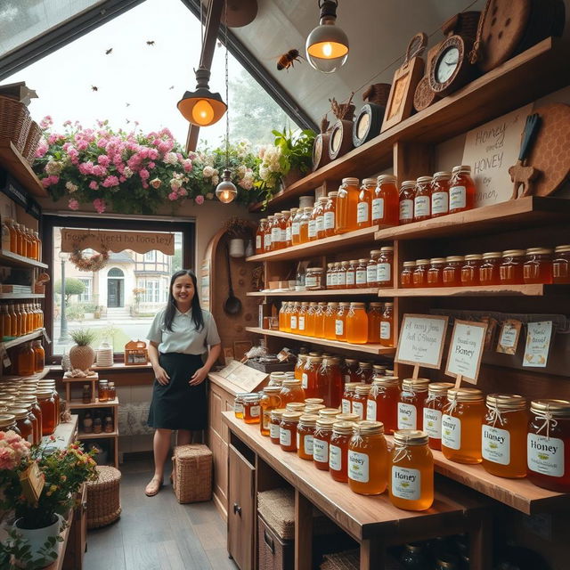 A charming honey shop filled with various jars of honey in different shapes and sizes, beautifully arranged on rustic wooden shelves