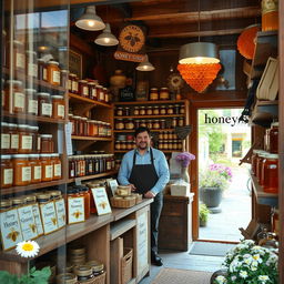 A charming honey shop filled with various jars of honey in different shapes and sizes, beautifully arranged on rustic wooden shelves