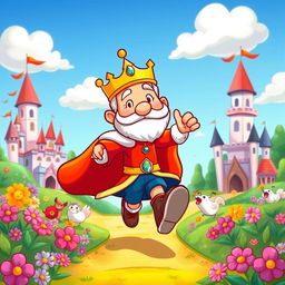 A colorful cartoon scene featuring a cartoon king running energetically through a vibrant kingdom