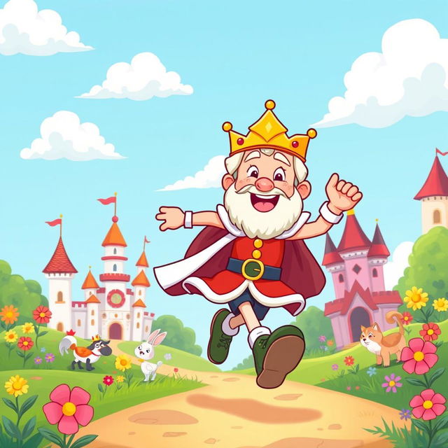 A colorful cartoon scene featuring a cartoon king running energetically through a vibrant kingdom