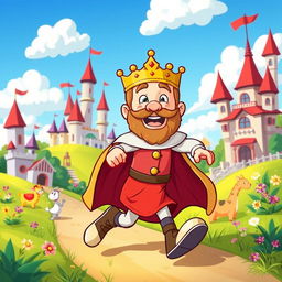 A colorful cartoon scene featuring a cartoon king running energetically through a vibrant kingdom