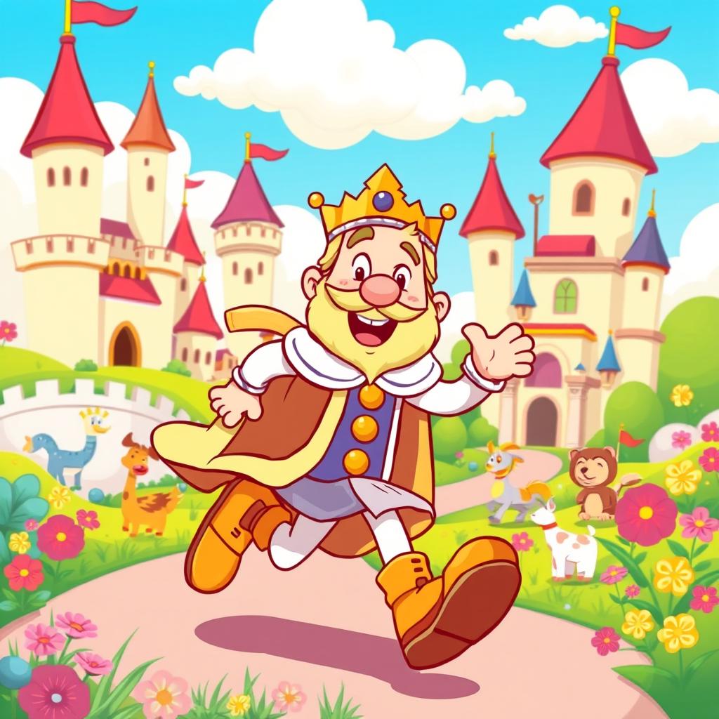 A colorful cartoon scene featuring a cartoon king running energetically through a vibrant kingdom