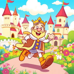 A colorful cartoon scene featuring a cartoon king running energetically through a vibrant kingdom