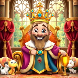 A vibrant and colorful cartoon king character, wearing an elaborate royal robe and a large jeweled crown