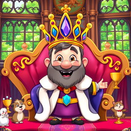 A vibrant and colorful cartoon king character, wearing an elaborate royal robe and a large jeweled crown
