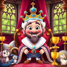 A vibrant and colorful cartoon king character, wearing an elaborate royal robe and a large jeweled crown