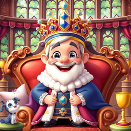 A vibrant and colorful cartoon king character, wearing an elaborate royal robe and a large jeweled crown