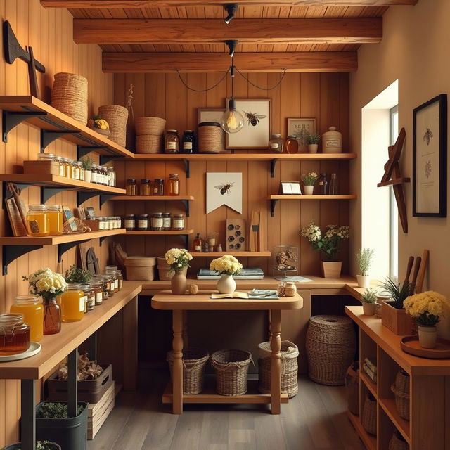 Interior design for a small honey shop named 'Tejerinapicola', featuring an apiculture theme