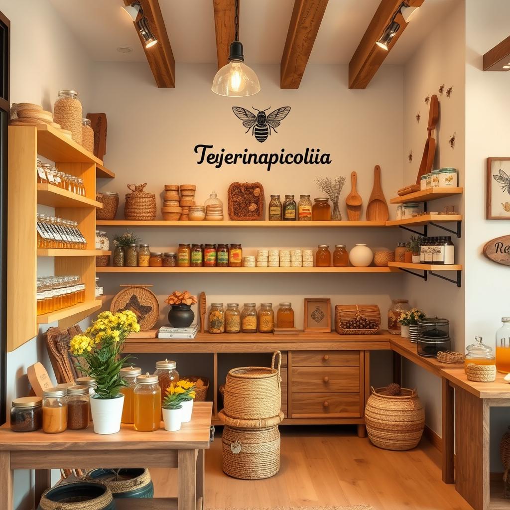 Interior design for a small honey shop named 'Tejerinapicola', featuring an apiculture theme