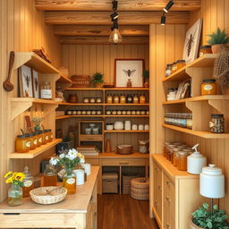 Interior design for a small honey shop named 'Tejerinapicola', featuring an apiculture theme