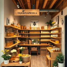 Interior design for a small honey shop named 'Tejerinapicola', featuring an apiculture theme
