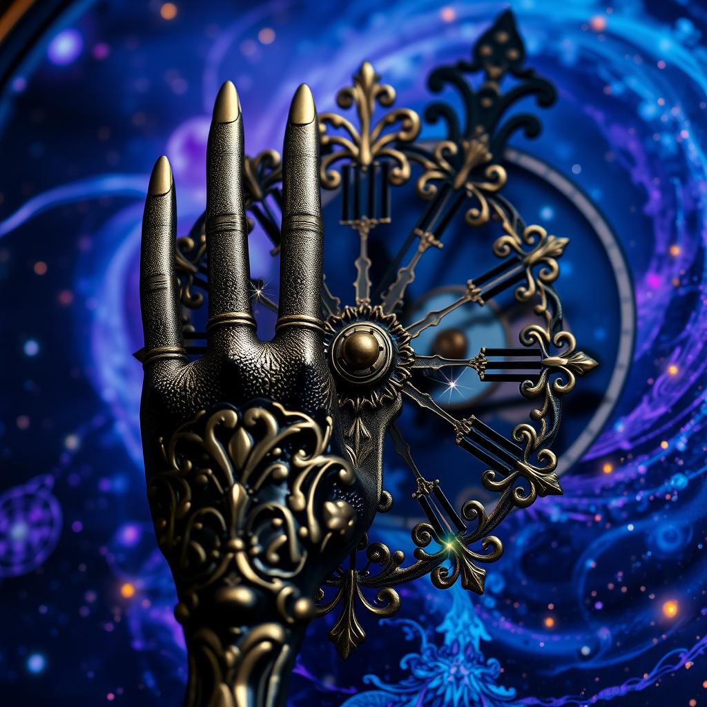 An artistic representation of the hands of time, featuring a close-up view of ornate, vintage clock hands elegantly positioned against a backdrop of swirling galaxies and cosmic elements