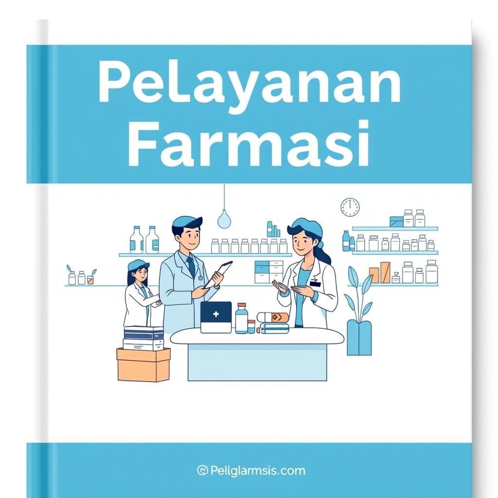 A book cover design for the theme "Pelayanan Farmasi" featuring a cartoon-style illustration that reflects the formal and trustworthy nature of the pharmacy field