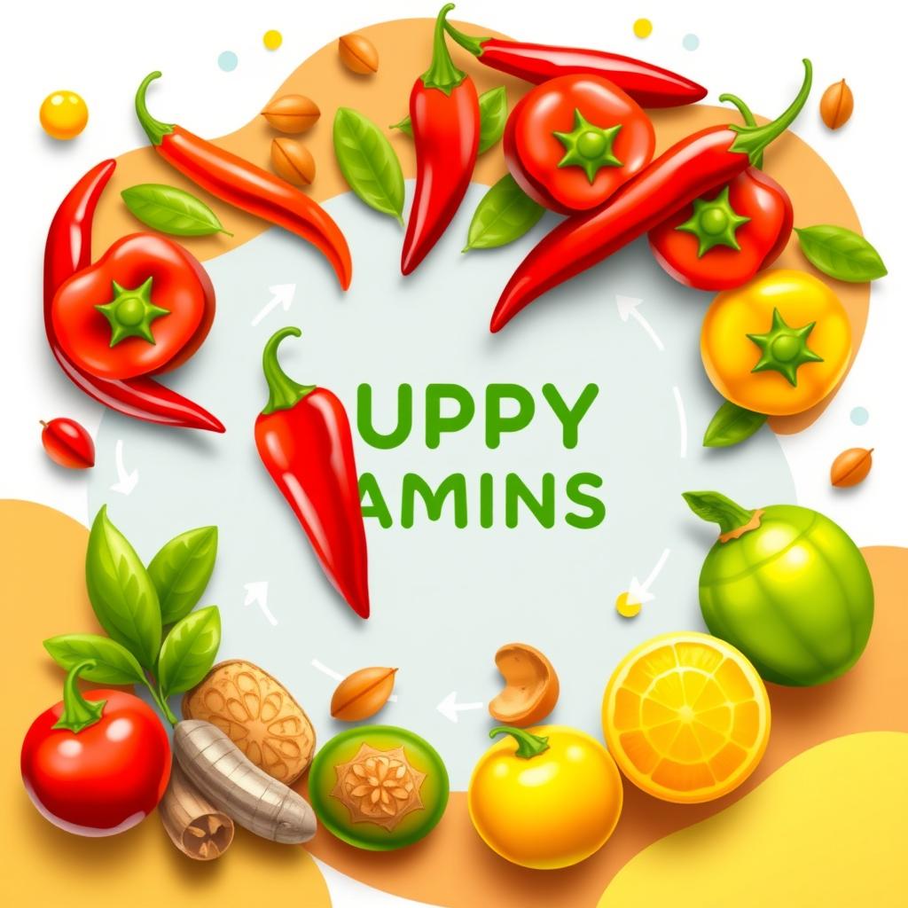 A vibrant digital artwork showcasing a mix of sili (chili pepper) and kamias (sour tamarind) arranged within a creative supply chain framework