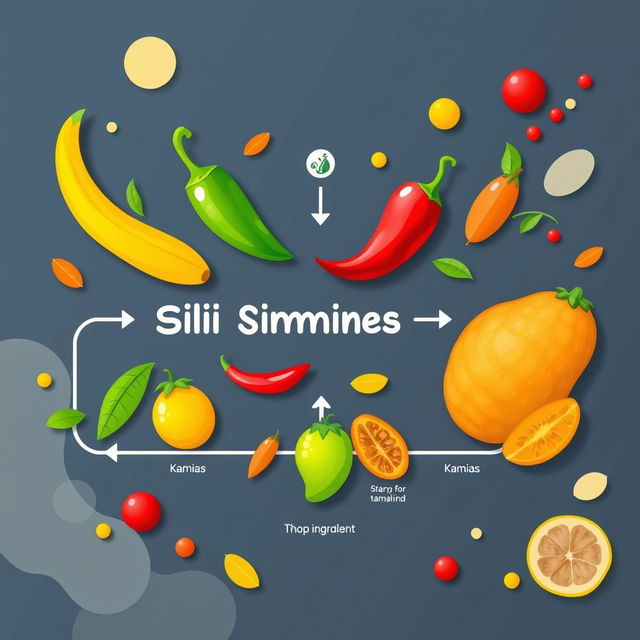 A vibrant digital artwork showcasing a mix of sili (chili pepper) and kamias (sour tamarind) arranged within a creative supply chain framework
