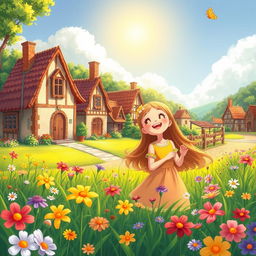 A picturesque scene depicting a small, quaint village with charming cottages and lush greenery