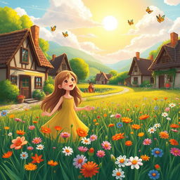 A picturesque scene depicting a small, quaint village with charming cottages and lush greenery