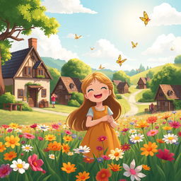 A picturesque scene depicting a small, quaint village with charming cottages and lush greenery