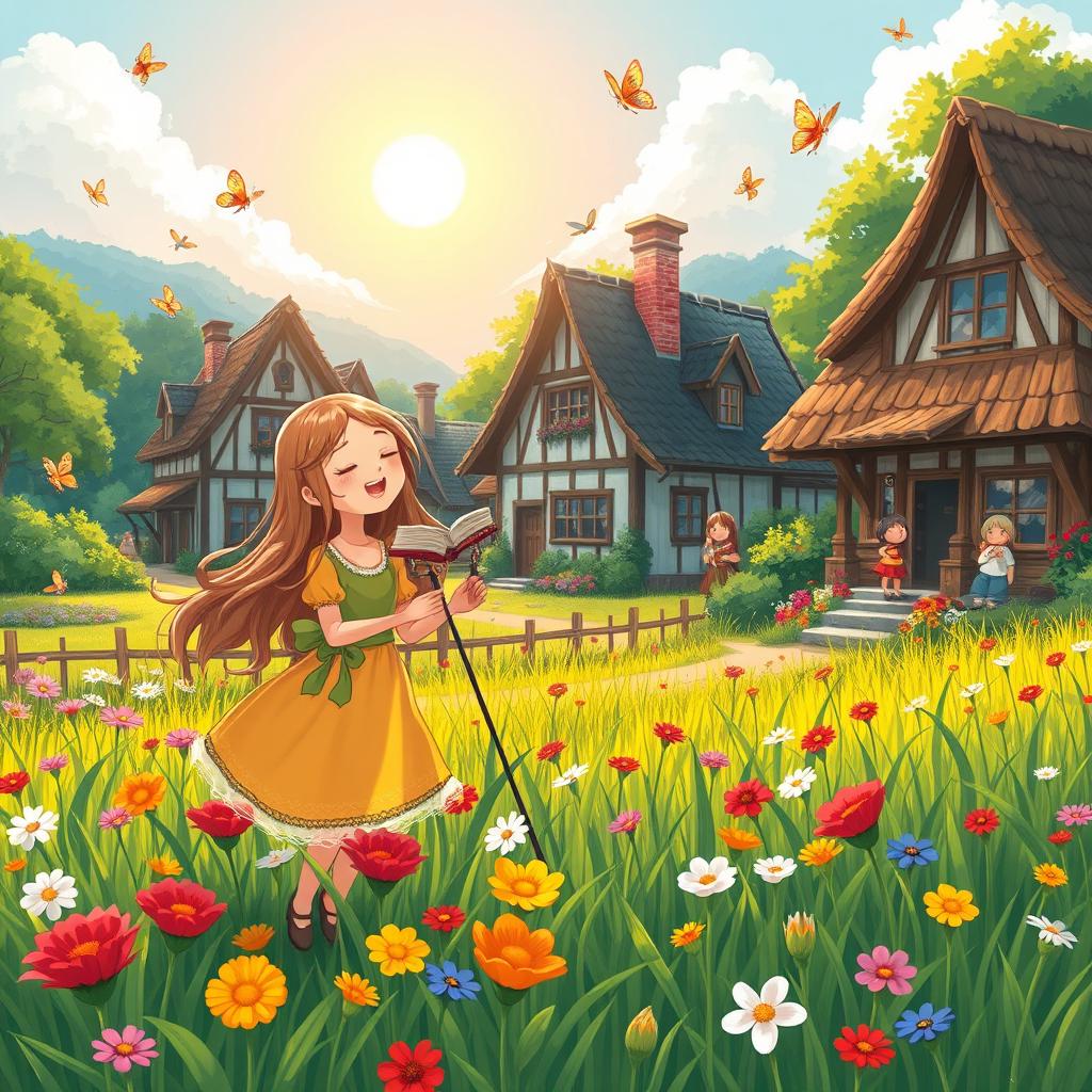 A picturesque scene depicting a small, quaint village with charming cottages and lush greenery