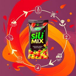 A vibrant digital artwork depicting a product created from a mix of sili (chili pepper) and kamias (sour tamarind), designed within a creative supply chain framework