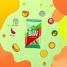 A vibrant digital artwork depicting a product created from a mix of sili (chili pepper) and kamias (sour tamarind), designed within a creative supply chain framework