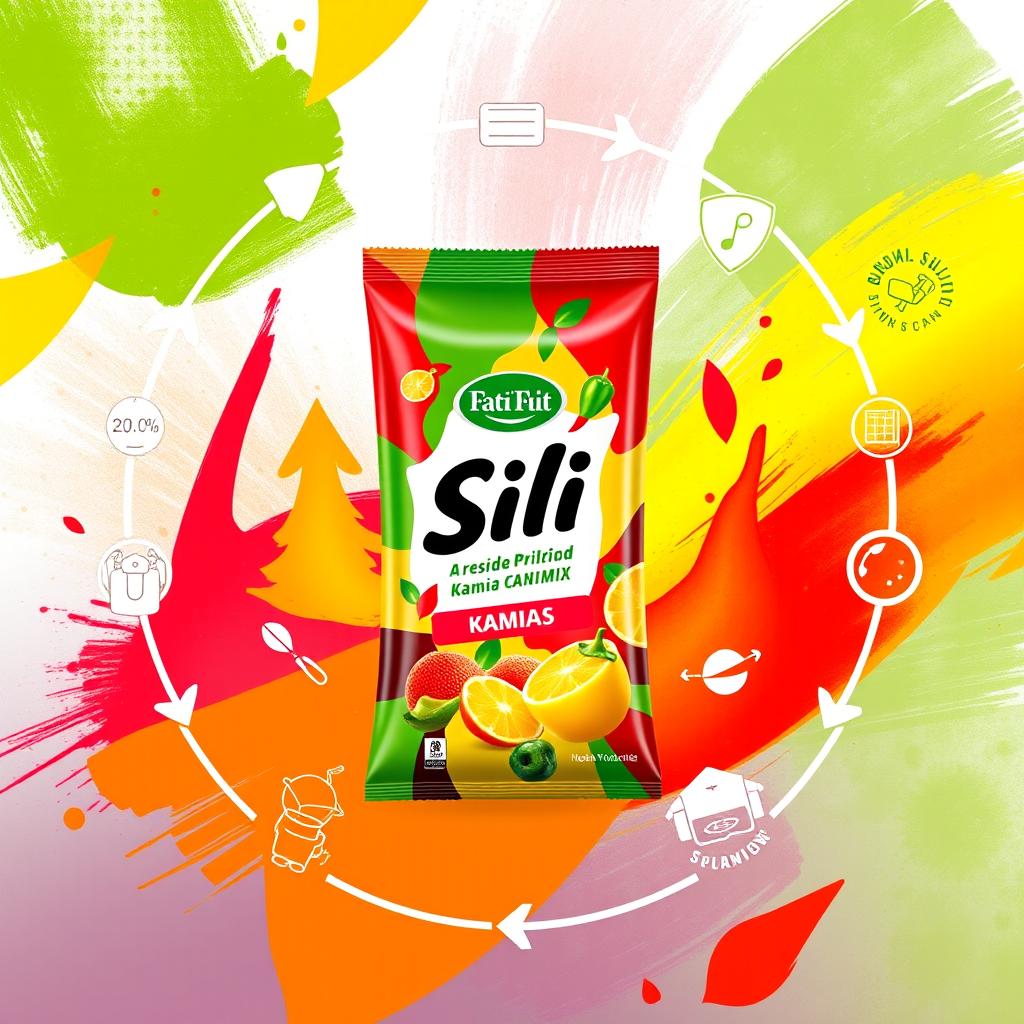 A vibrant digital artwork depicting a product created from a mix of sili (chili pepper) and kamias (sour tamarind), designed within a creative supply chain framework