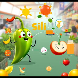 A vibrant and imaginative digital art piece featuring a whimsical blend of sili (chili pepper) and kamias (sour bilimbi) as the main subjects