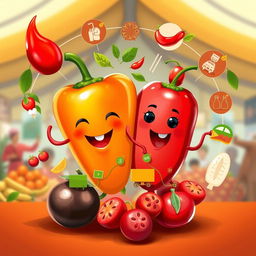 A vibrant and imaginative digital art piece featuring a whimsical blend of sili (chili pepper) and kamias (sour bilimbi) as the main subjects