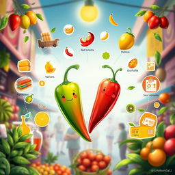 A vibrant and imaginative digital art piece featuring a whimsical blend of sili (chili pepper) and kamias (sour bilimbi) as the main subjects