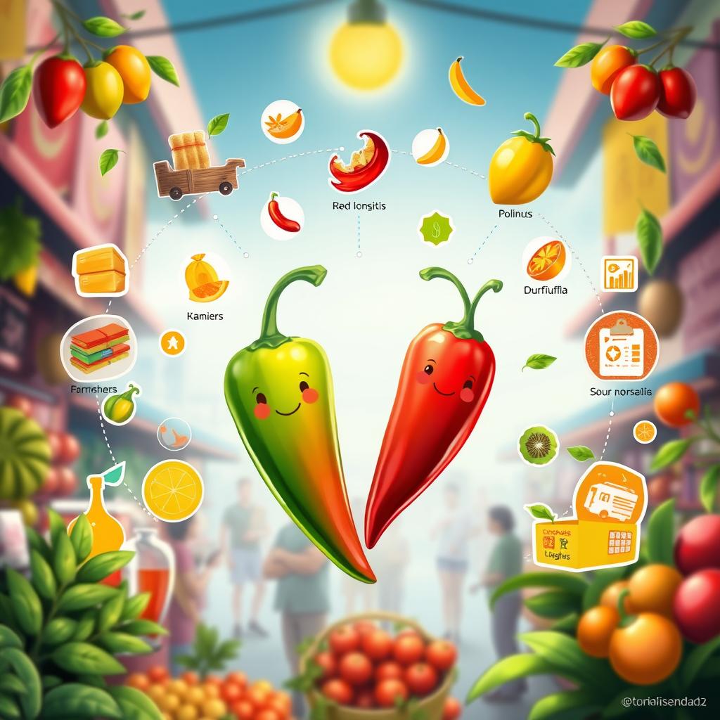 A vibrant and imaginative digital art piece featuring a whimsical blend of sili (chili pepper) and kamias (sour bilimbi) as the main subjects