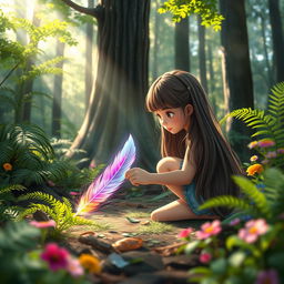 A magical forest scene where a girl named Lily is curiously kneeling on the forest floor, her long hair cascading down her back