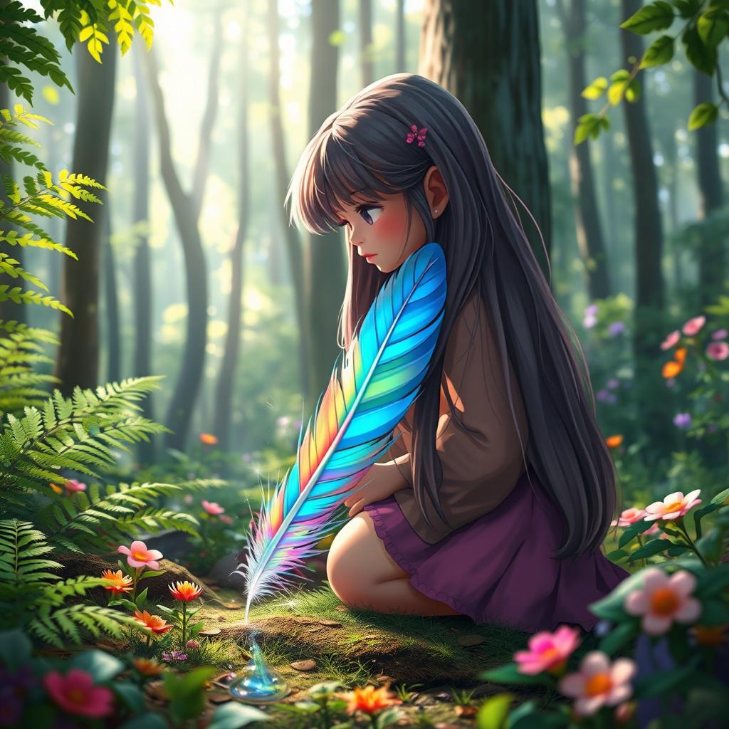 A magical forest scene where a girl named Lily is curiously kneeling on the forest floor, her long hair cascading down her back