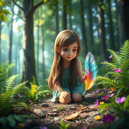A magical forest scene where a girl named Lily is curiously kneeling on the forest floor, her long hair cascading down her back
