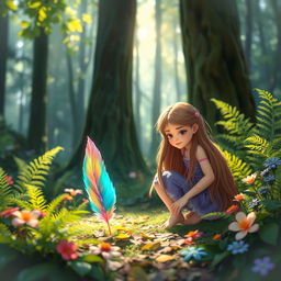 A magical forest scene where a girl named Lily is curiously kneeling on the forest floor, her long hair cascading down her back