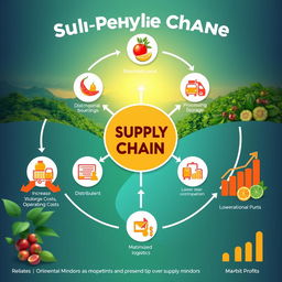 A vibrant digital artwork depicting a unique supply chain framework for a product made from a mix of sili (chili) and kamias (sour fruit)