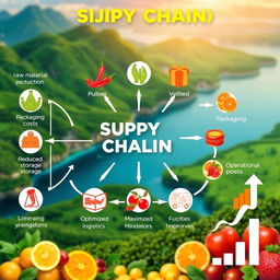 A vibrant digital artwork depicting a unique supply chain framework for a product made from a mix of sili (chili) and kamias (sour fruit)